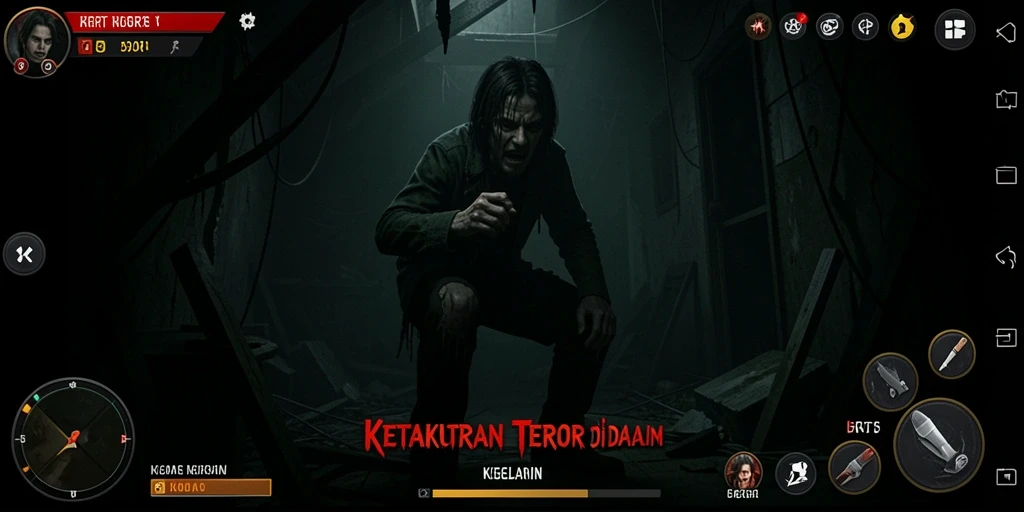 Screenshot utama 5RT menampilkan suasana mencekam penuh kegelapan dengan makhluk menyeramkan.