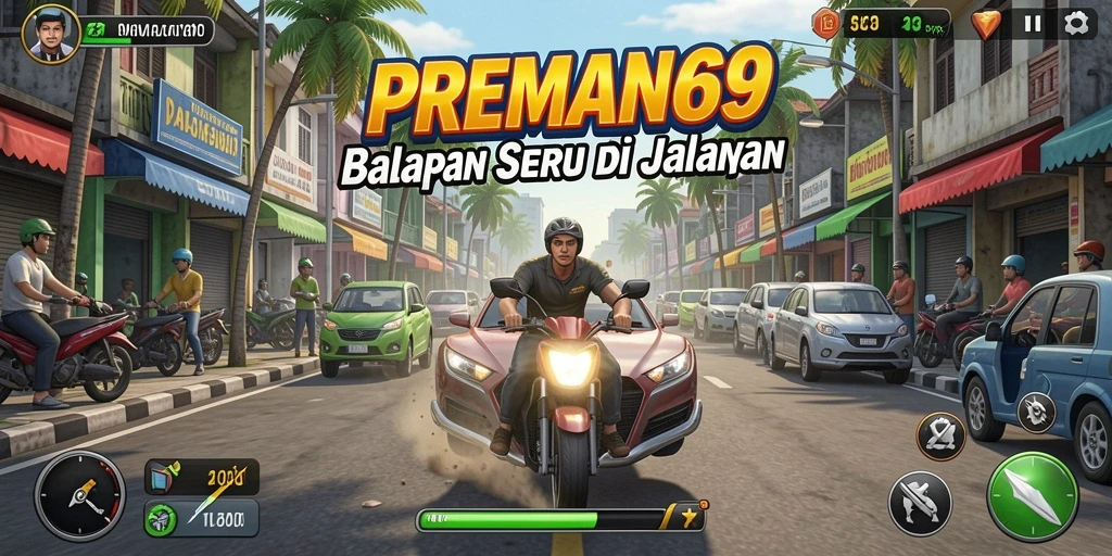 Gameplay menegangkan dalam balapan jalanan PREMAN69 yang mendebarkan.
