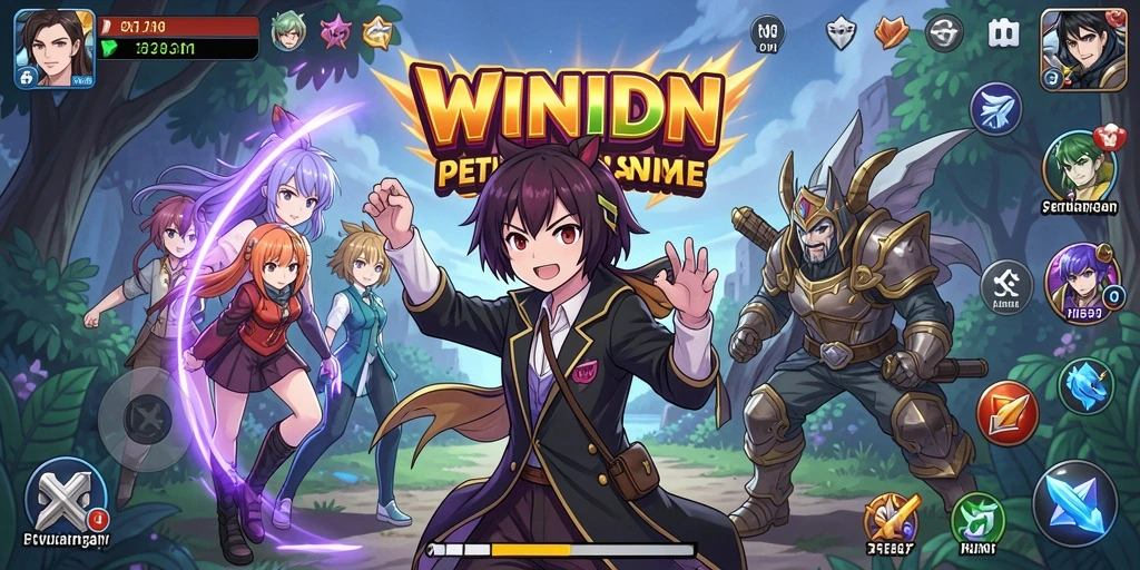 Tampilan gameplay WINIDN yang penuh aksi dan karakter Anime.